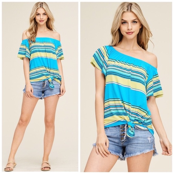 🛍On/Off Shoulder Ruffle Front Tie Striped Top! - Picture 3 of 6